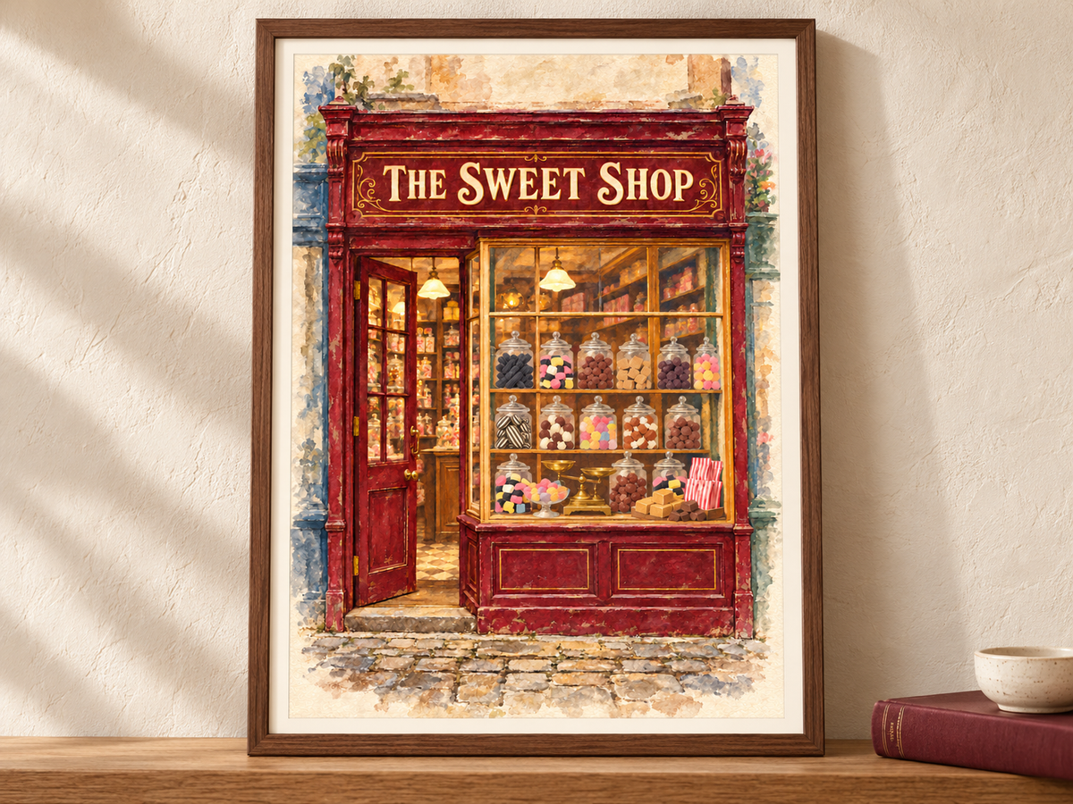 A framed art print depicting 'The Sweet Shop' storefront in a watercolor style, leaning against a textured beige wall on a wooden surface next to a book and a small bowl.