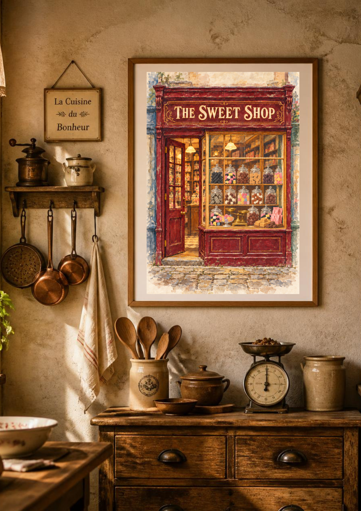 A framed art print depicting 'The Sweet Shop' with a red storefront and colorful sweets, displayed on a rustic wall above a wooden counter in a warm, vintage kitchen setting.