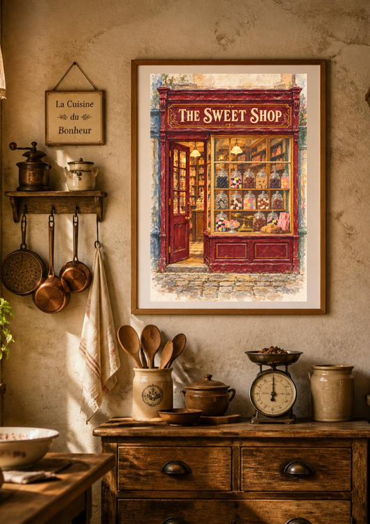 A framed art print depicting 'The Sweet Shop' with a red storefront and colorful sweets, displayed on a rustic wall above a wooden counter in a warm, vintage kitchen setting.