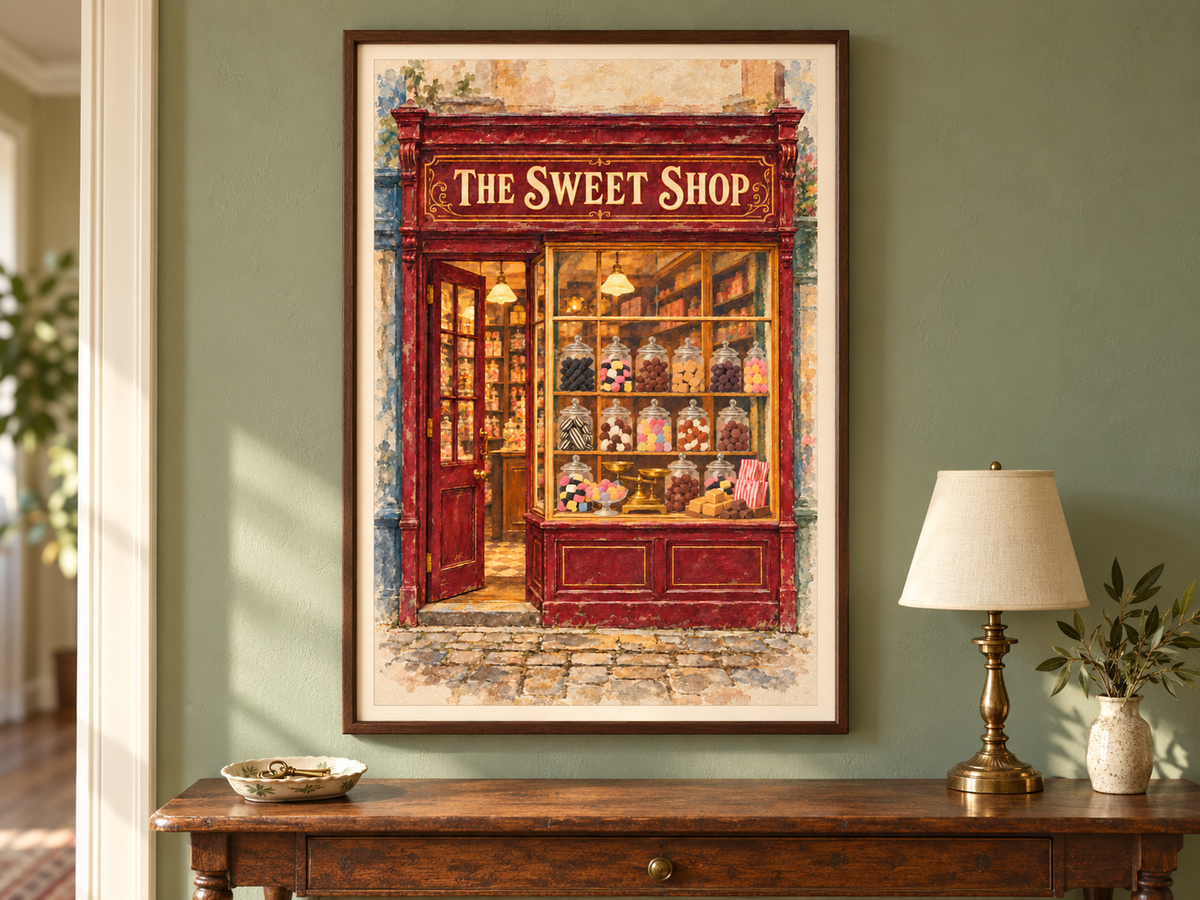 A framed art print depicting 'The Sweet Shop' storefront hanging on a sage green wall above a wooden console table with a lamp and vase.