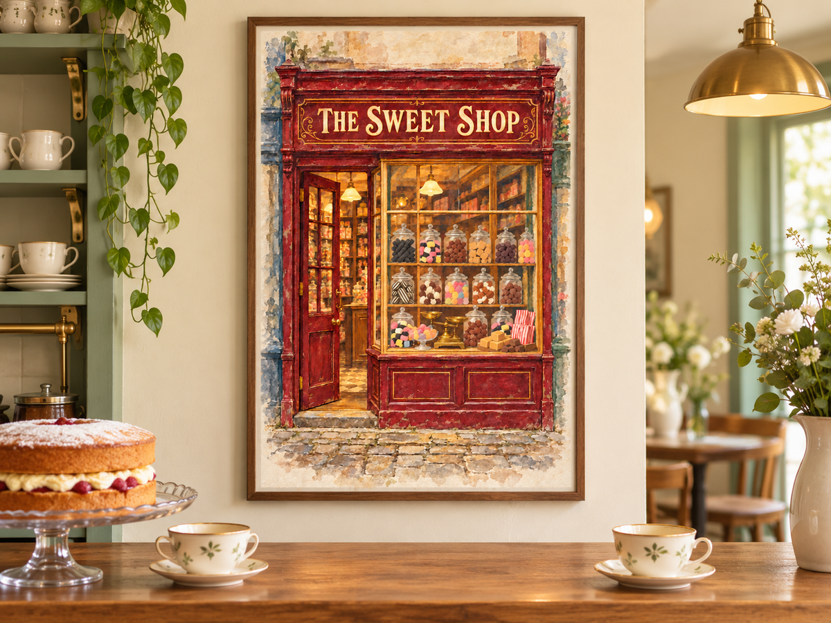 A framed art print depicting a vintage red 'The Sweet Shop' storefront with colorful jars and candies, displayed on a wall in a cozy kitchen setting with a cake and teacups on the counter.