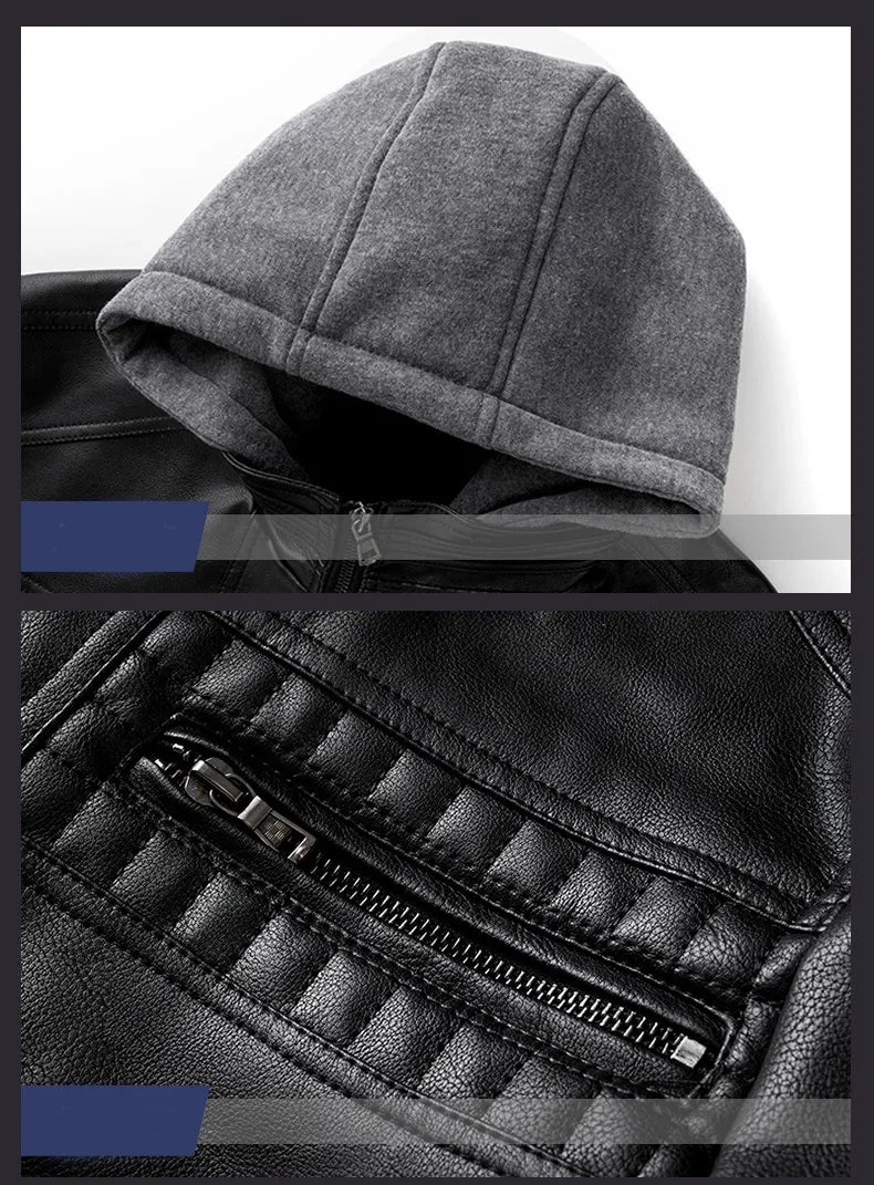 Close-up of a gray hood and black leather jacket with zipper