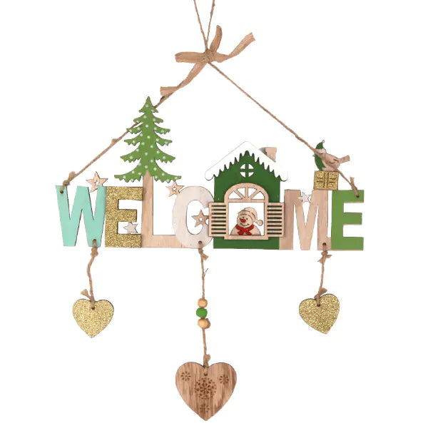 Decorative hanging sign with 'Welcome' text and festive elements on a white background