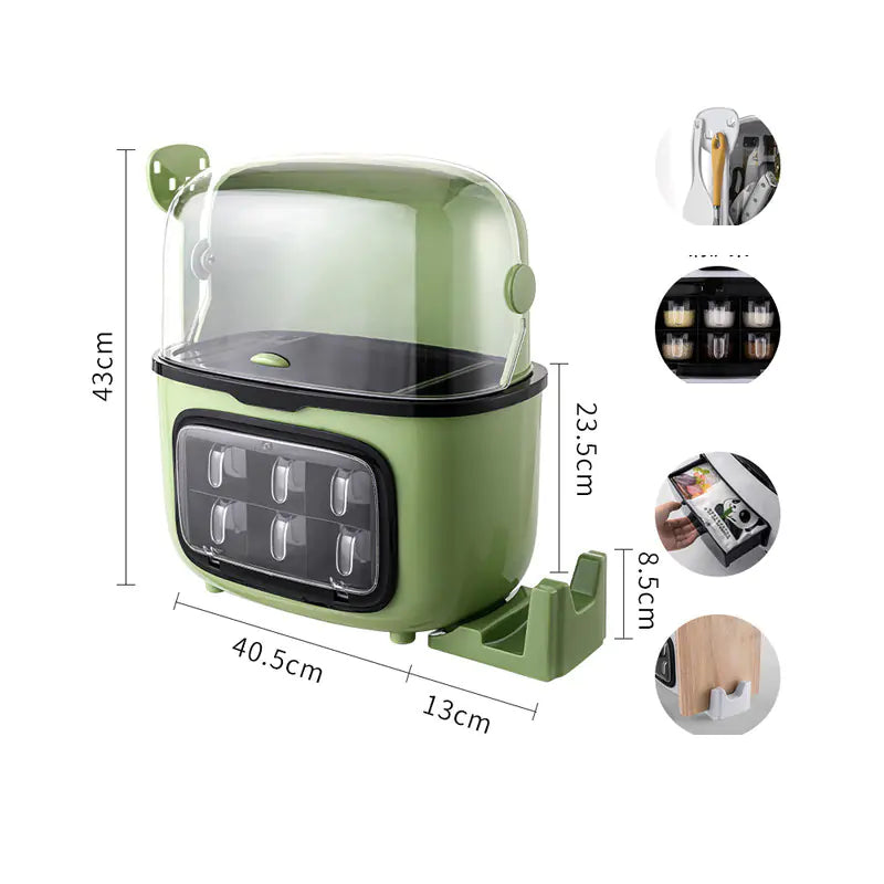 Green kitchen organizer with dimensions and additional product images on a white background