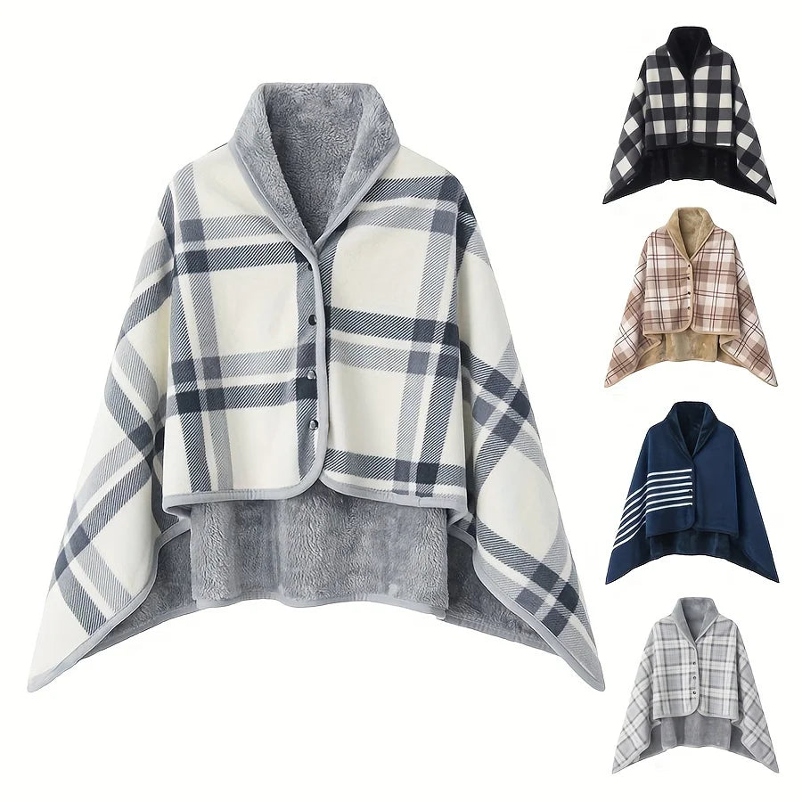 Collection of plaid ponchos in various colors on a white background