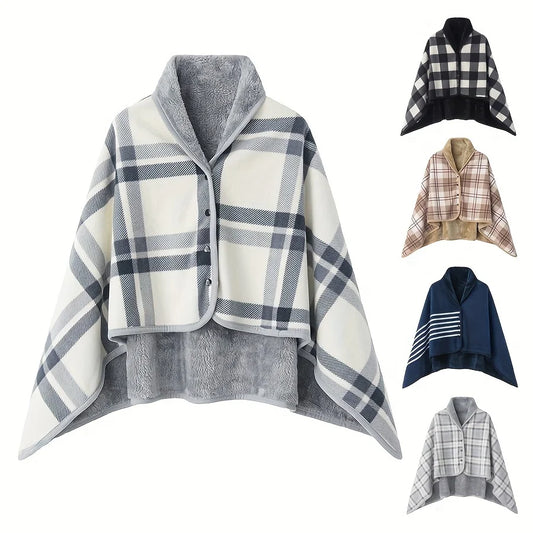 Collection of plaid ponchos in various colors on a white background