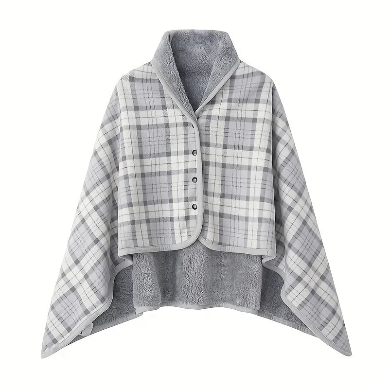 Gray and white checkered poncho with textured collar on a white background