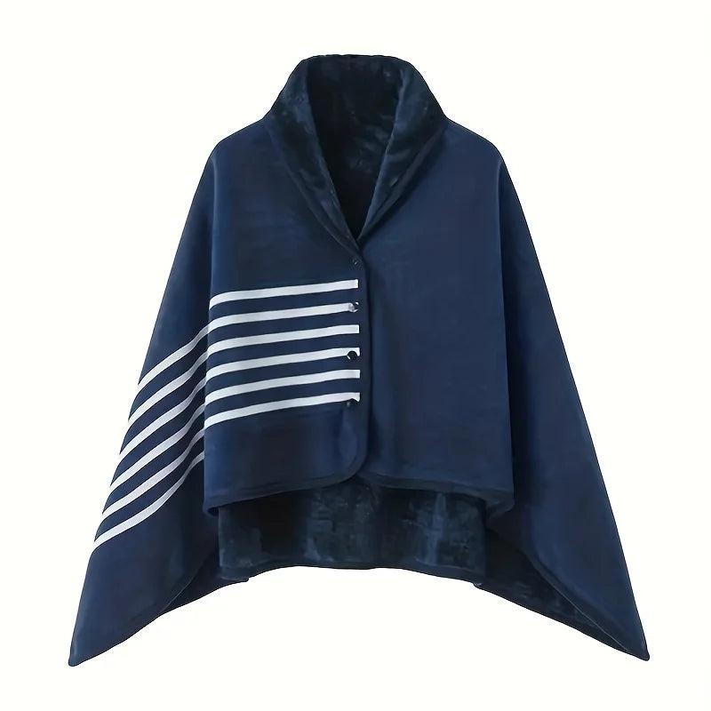 Navy blue poncho with white stripes on a white background