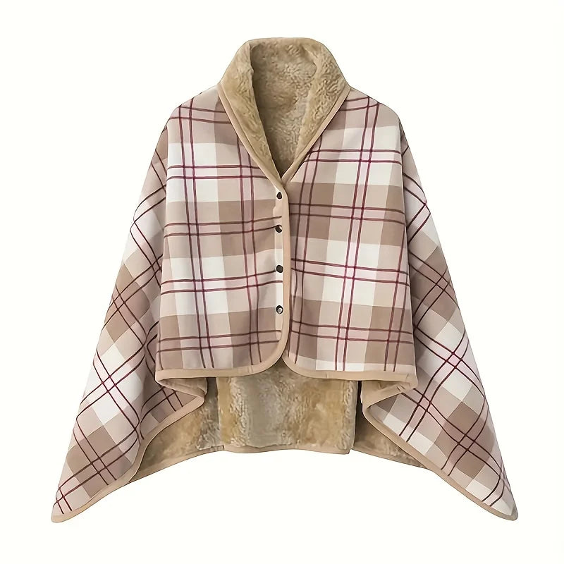 Plaid poncho with beige interior on a white background