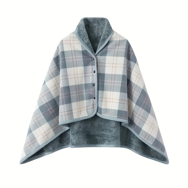 Plaid poncho with gray trim on a white background