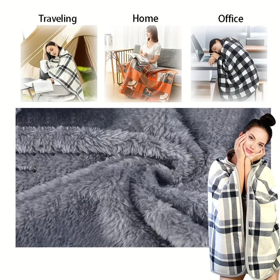 Plaid blanket used in various settings including traveling, home, and office, with close-up of fabric texture.
