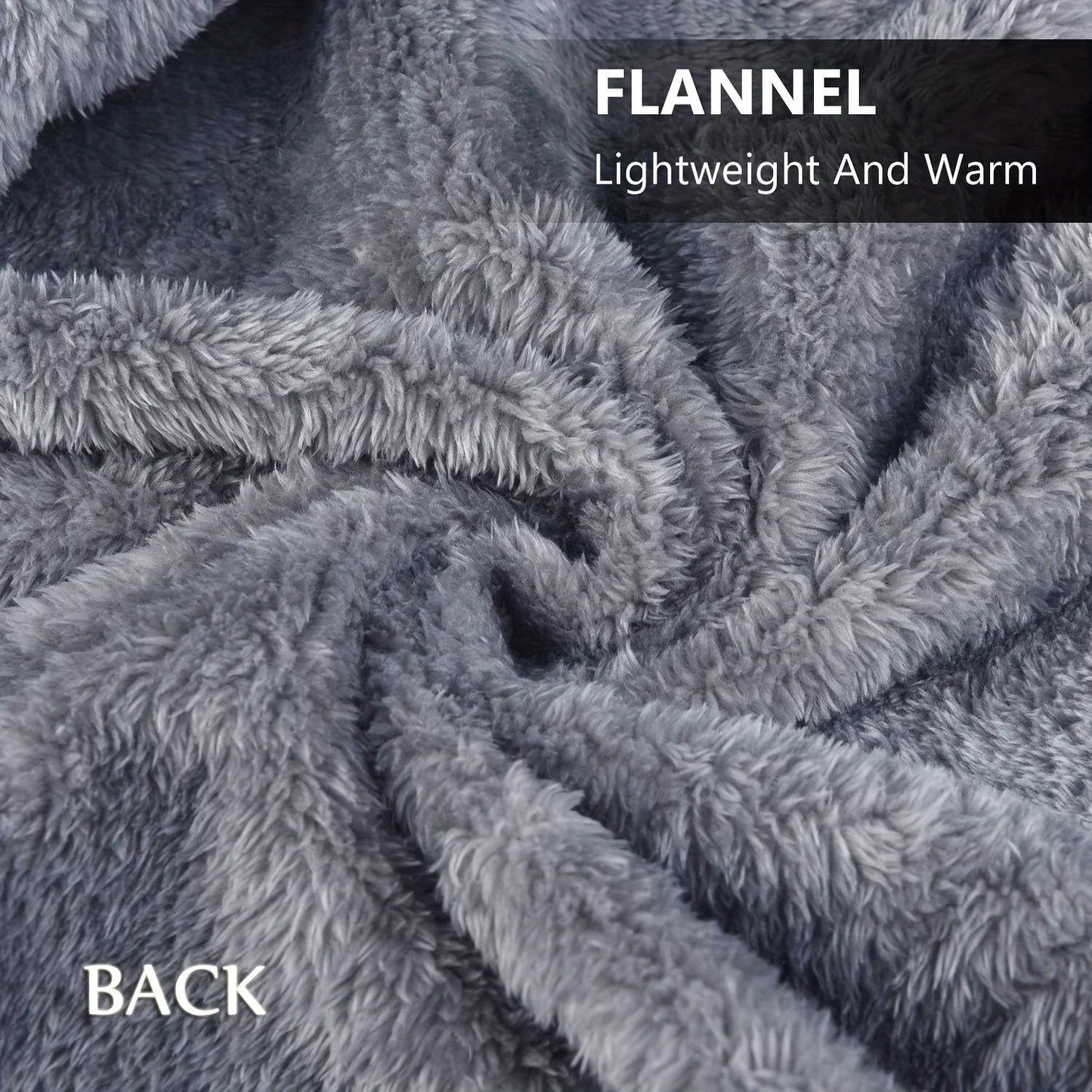 Close-up of flannel fabric with text 'Flannel, Lightweight And Warm' and 'Back' on a dark background.