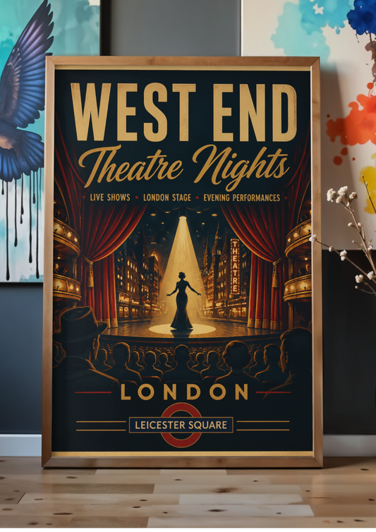 Poster for West End Theatre Nights with a stage and spotlight in a wooden frame.