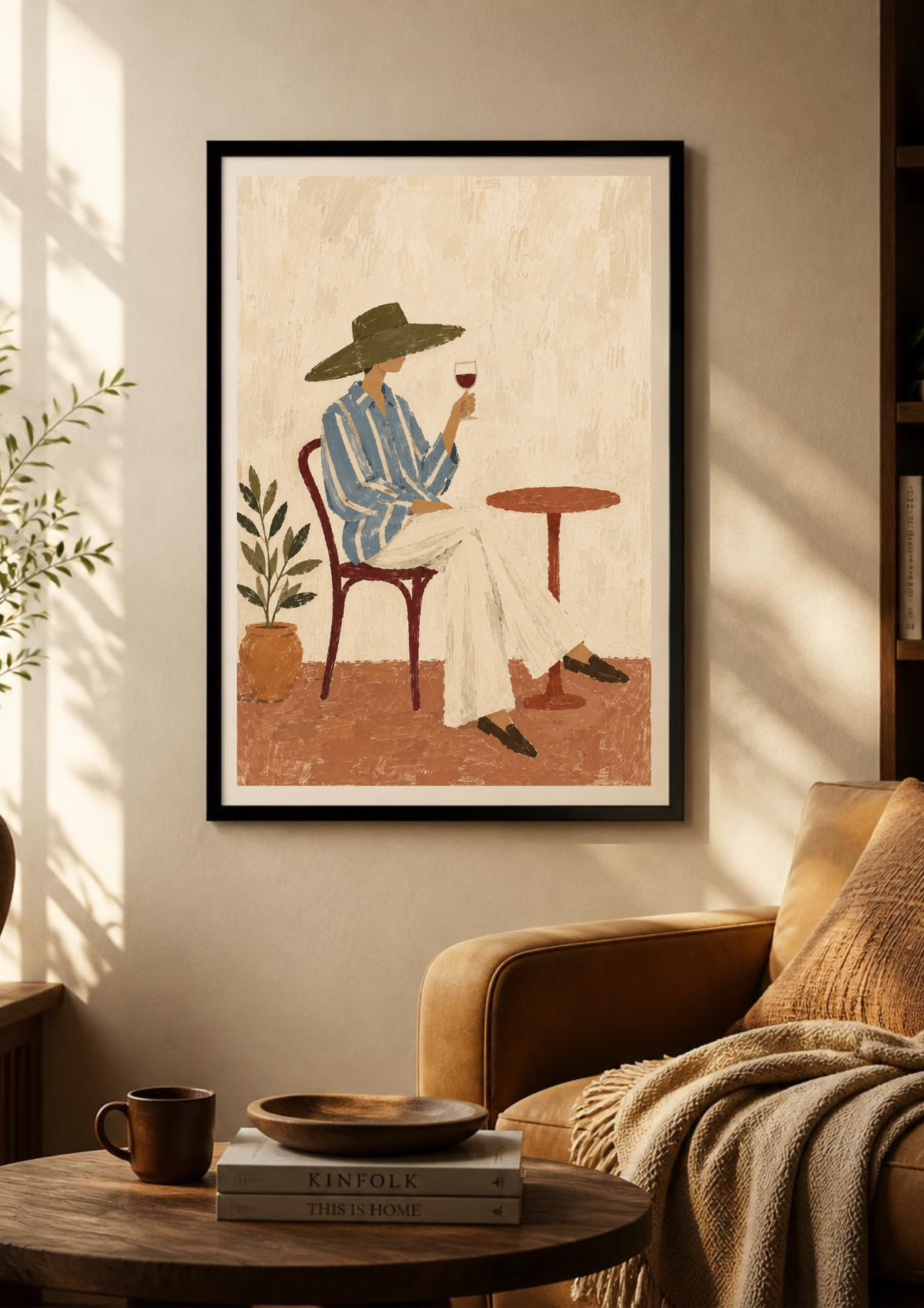 A framed art print featuring a woman in a blue striped shirt and white pants sitting in a chair and holding a glass of red wine, displayed on a beige wall in a cozy living room setting.