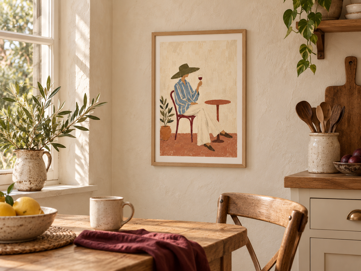 A framed art print depicting a woman in a blue striped shirt and white skirt sitting at a table, hanging on a cream wall in a warm, rustic kitchen setting with a wooden table, mug, and plants.