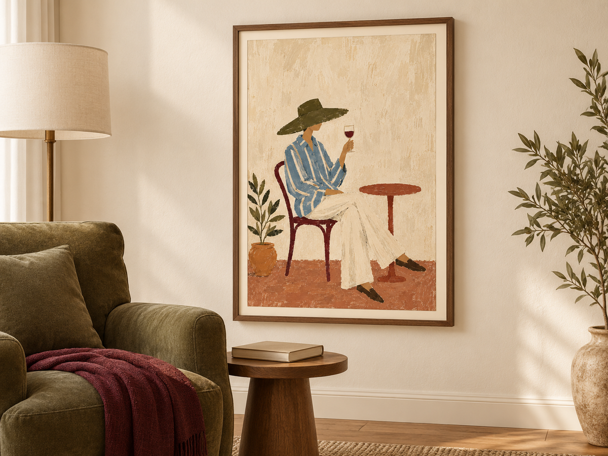 A framed art print depicting a woman in a blue striped shirt and green hat sitting at a table with a glass of wine, styled in a warm living room setting next to an olive green armchair and a potted plant.