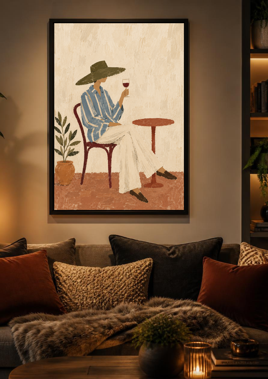 A framed art print depicting a woman in a blue striped shirt and white pants sitting at a small table with a glass of red wine, hanging on a warm brown wall above a cozy sofa with pillows and a throw blanket.