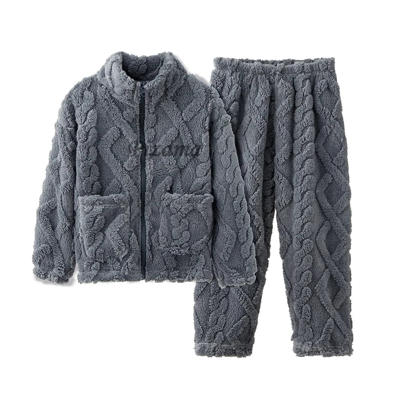 Gray cable knit fleece jacket and pants set on a white background