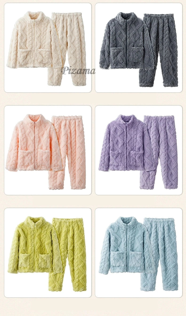 Set of pajama sets in various colors on a beige background