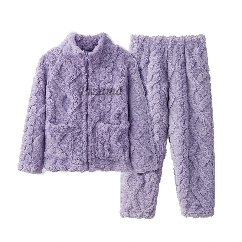 Purple cable knit pajama set on a white background