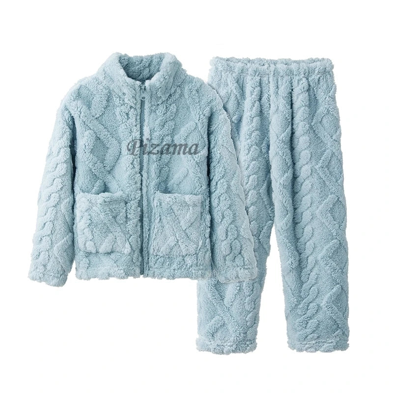 Light blue pajama set with textured pattern on a white background
