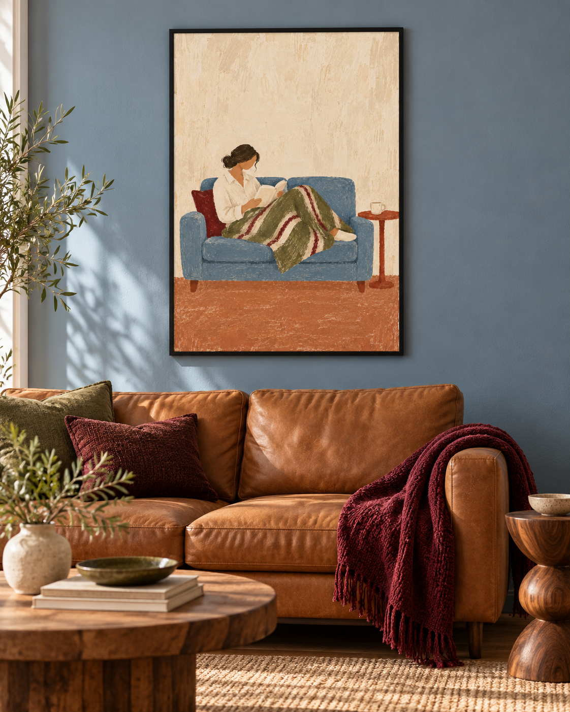 A framed art print depicting a woman reading on a blue sofa, hanging on a blue wall above a brown leather sofa in a styled living room.