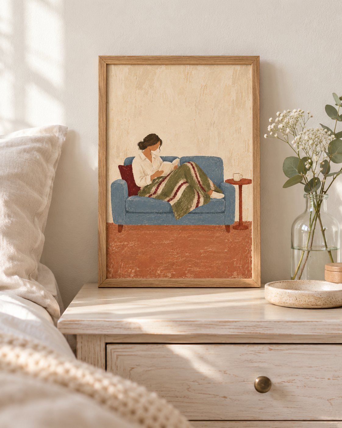 A framed art print depicting a woman reading on a blue couch, styled on a light wood bedside table next to a vase of flowers.