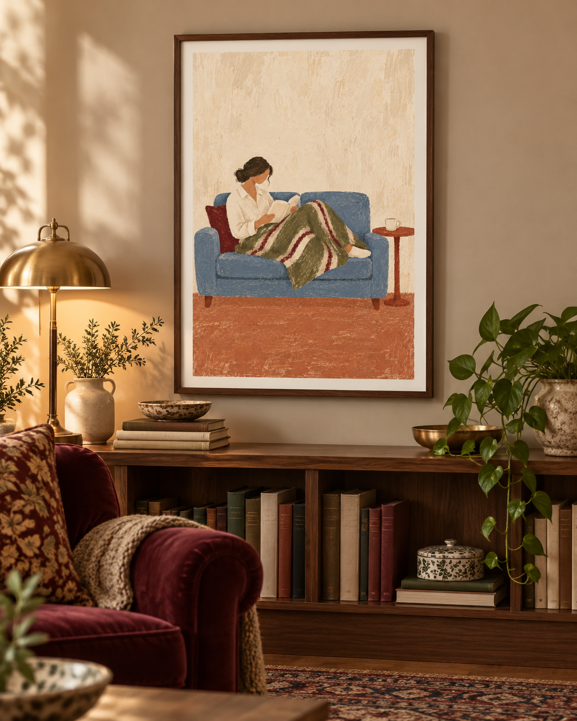 A framed art print depicting a woman reading on a blue sofa, styled in a warm, cozy living room setting above a wooden bookshelf.