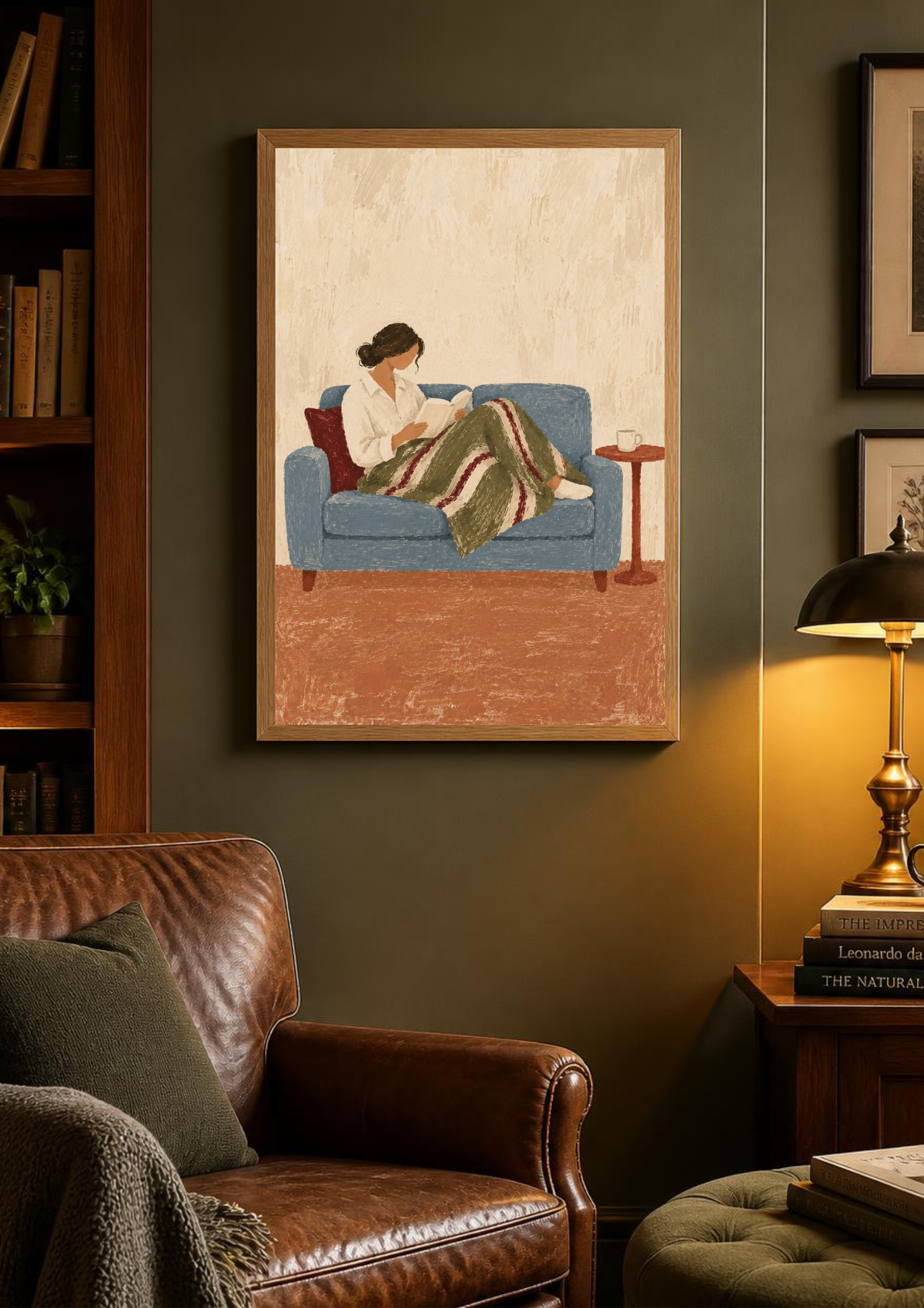 A framed art print depicting a woman reading on a blue sofa, styled in a cozy living room setting with a brown leather armchair and a lit table lamp.