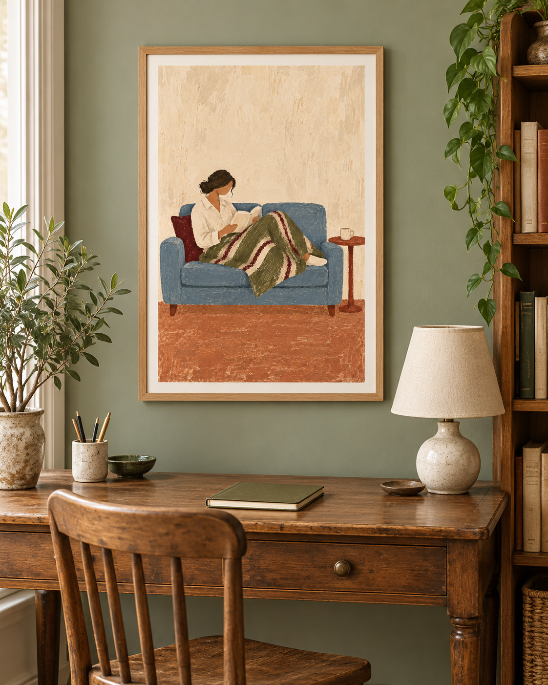 A framed art print depicting a woman reading on a blue sofa, hung on a sage green wall above a wooden desk with a lamp and chair.