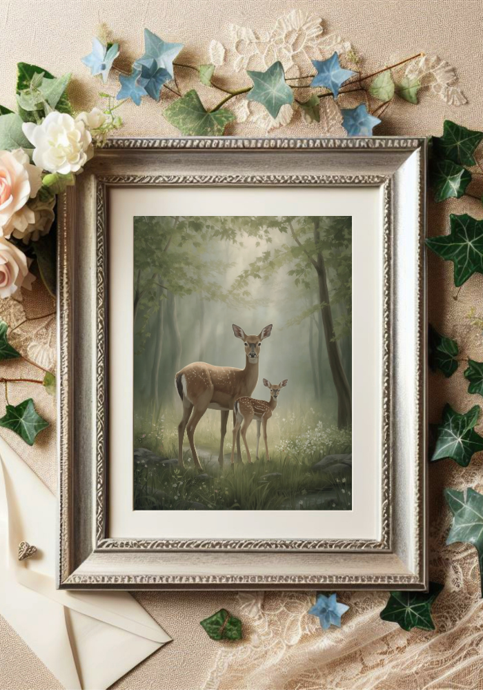 deer wall art poster with mother and fawn in soft spring forest scene framed with floral decor