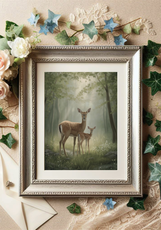 deer wall art poster with mother and fawn in soft spring forest scene framed with floral decor