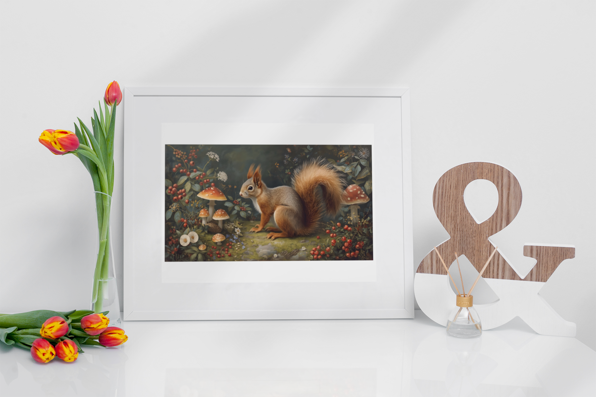 Woodland squirrel art print in a white wooden frame, with red tulips in a glass vase and next to a wooden & ornamed