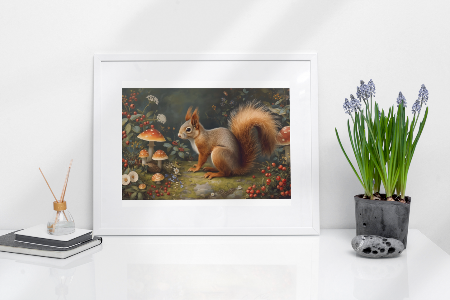 Woodland squirrel art print in a white frame on a white gloss shelf next to a lavender plant
