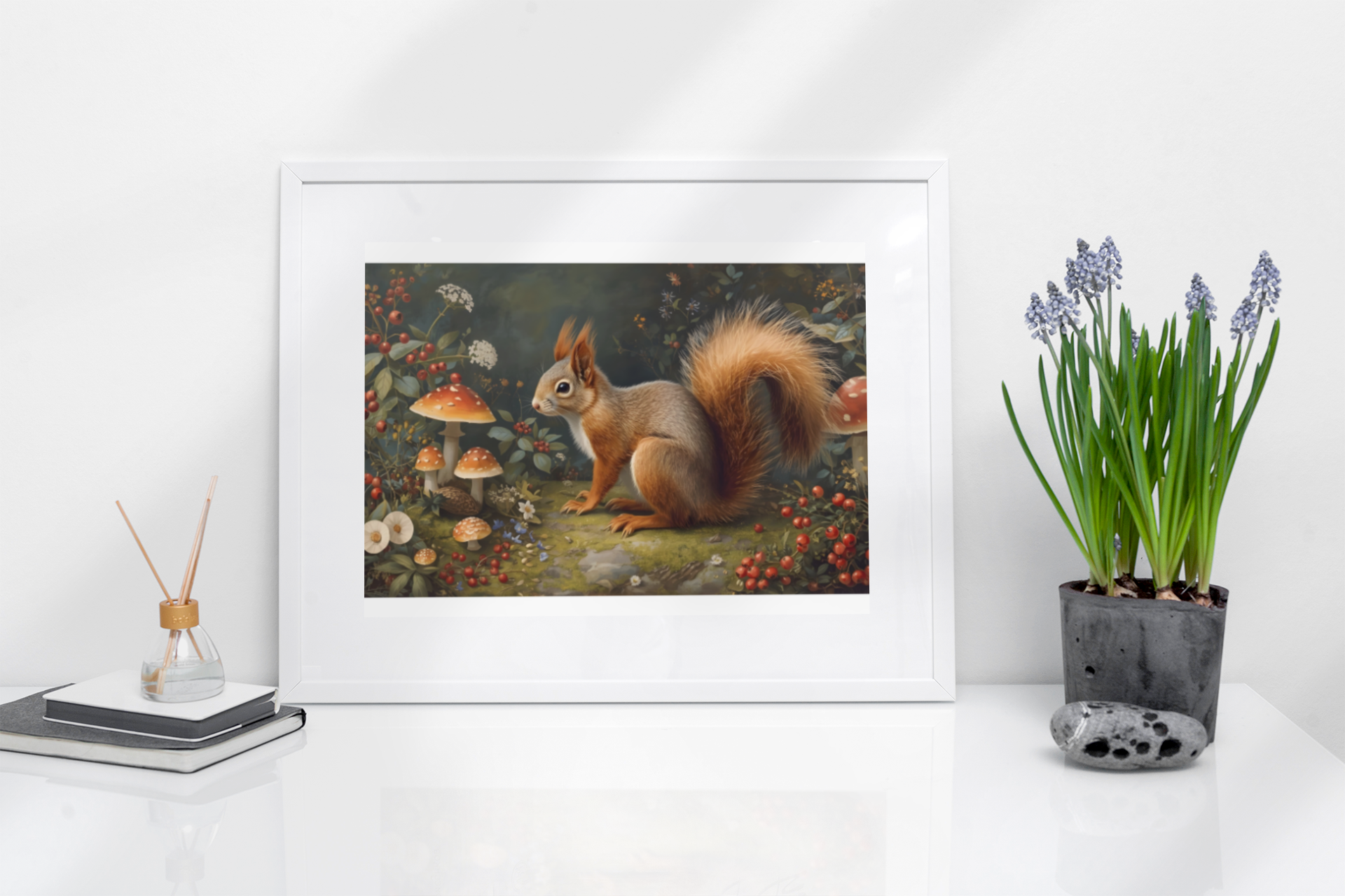 Woodland squirrel art print in a white frame on a white gloss shelf next to a lavender plant