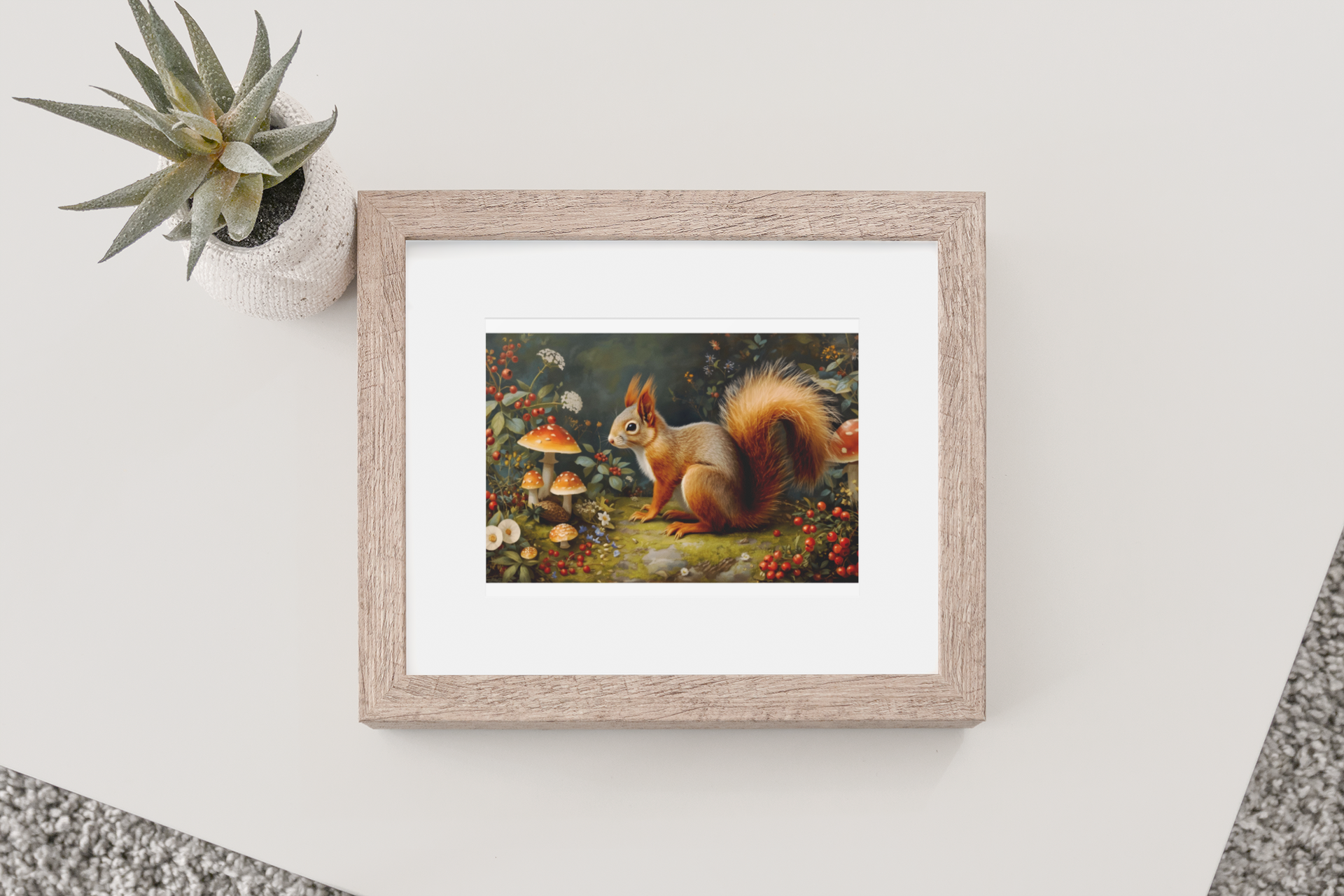 Red squirrel framed artwork next to vase and flowers