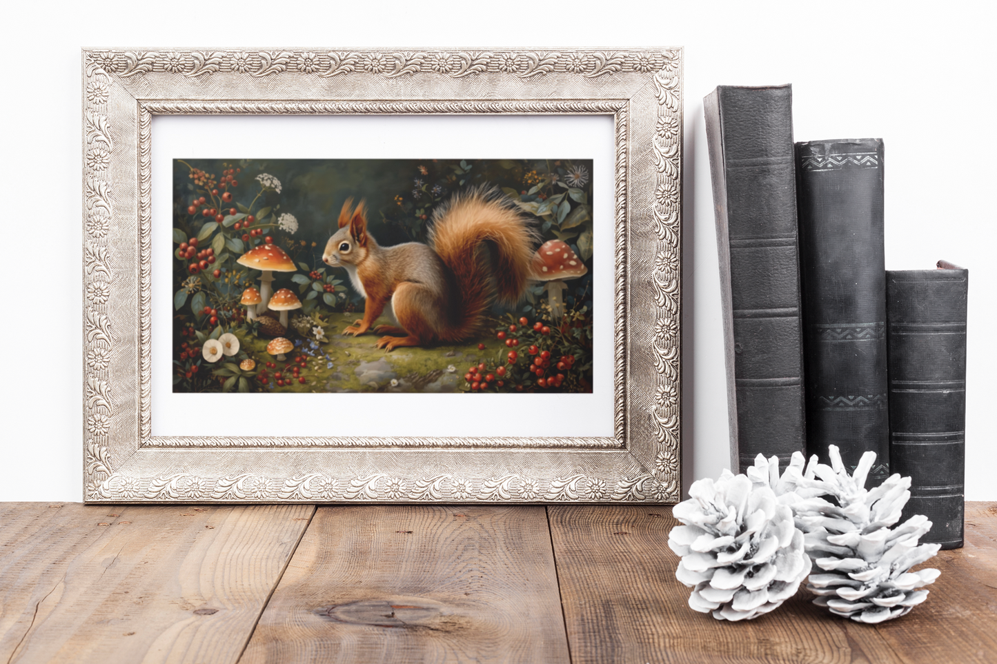 Forest squirrel framed artwork against neutral wall with pinecones