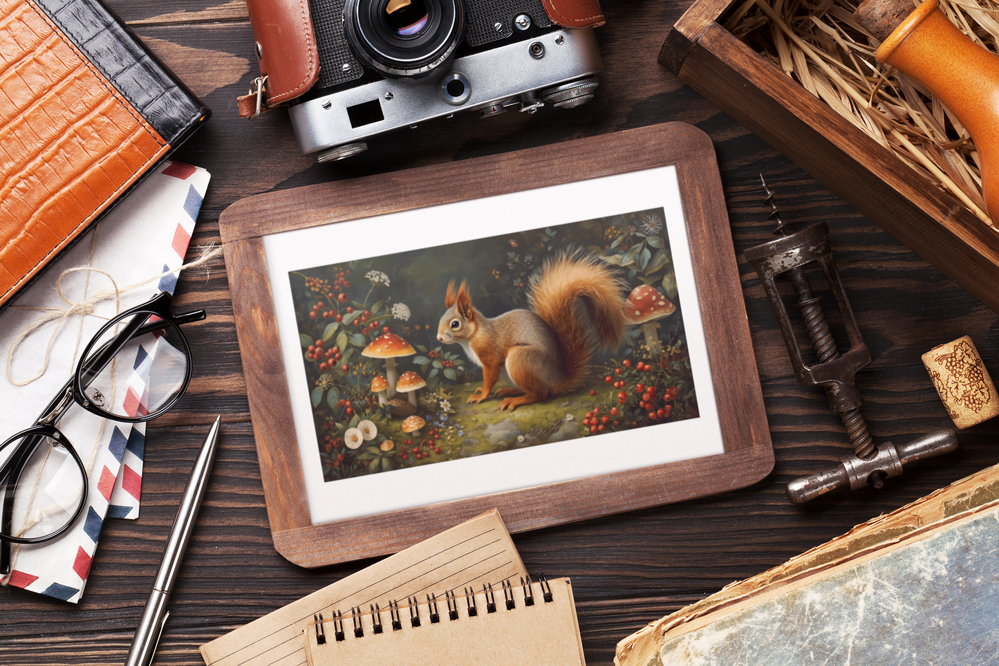 Woodland squirrel art print in a rustic wooden frame surrounded by vintage desk items, camera and stationery on a dark wooden surface.