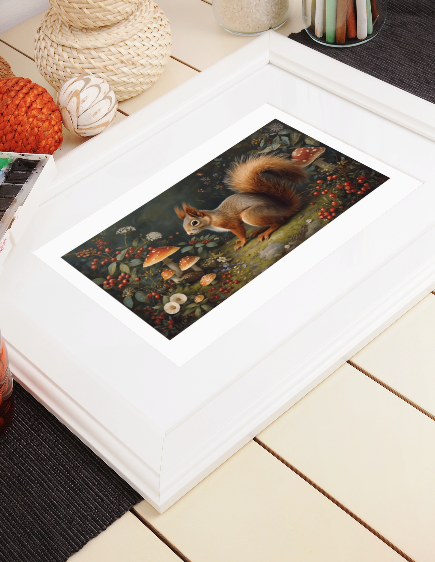 White frame squirrel print resting on cosy knitted fabric