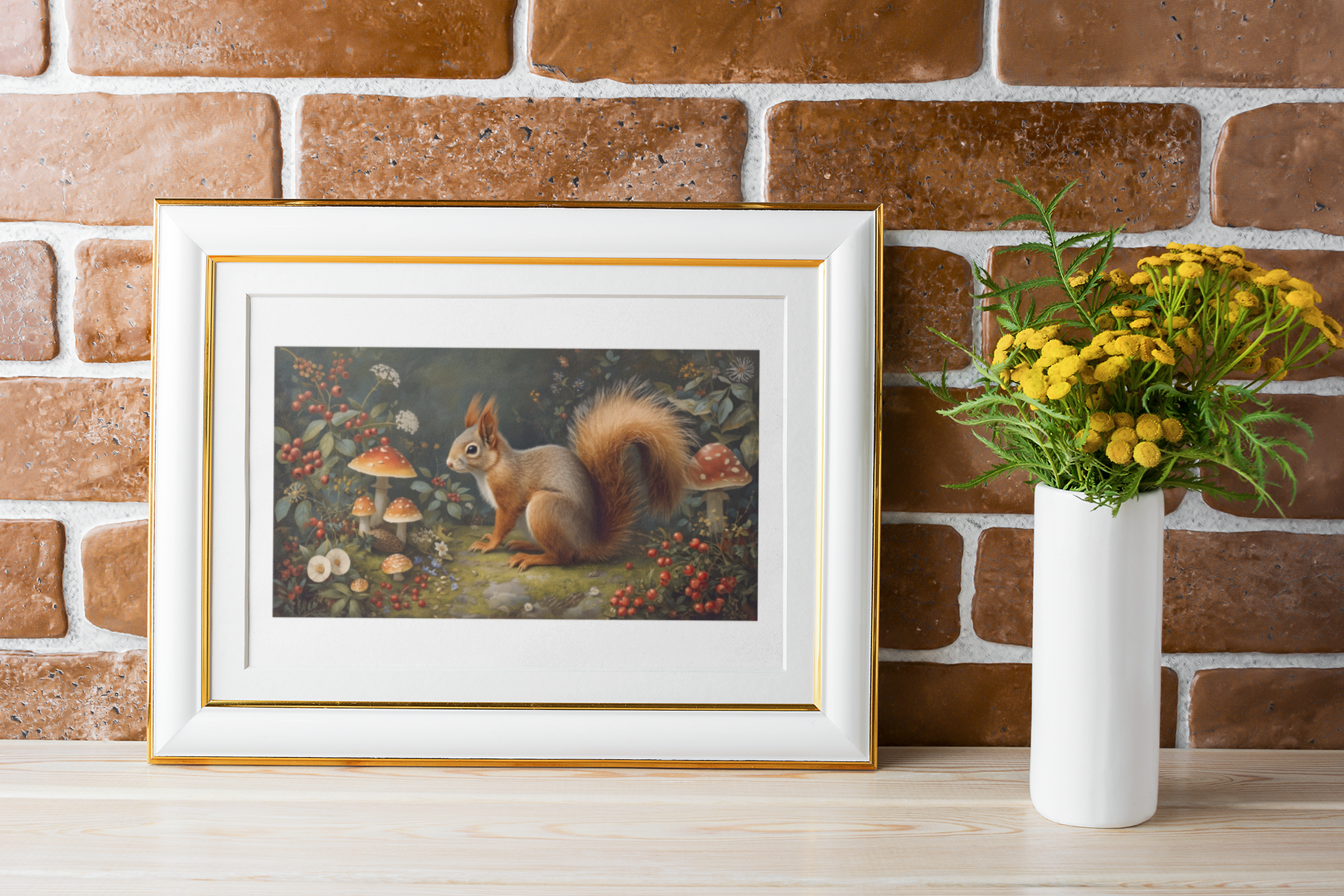 Woodland squirrel art print in in a white and gold frame, displayed on a wooden shelf against a red brick wall and next to a white vase with yellow spring flowers