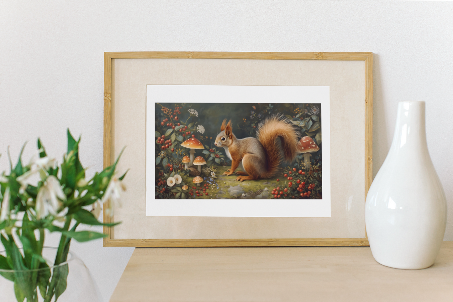 Woodland squirrel art print in a wooden frame on a shelf with modern ornaments and a plant