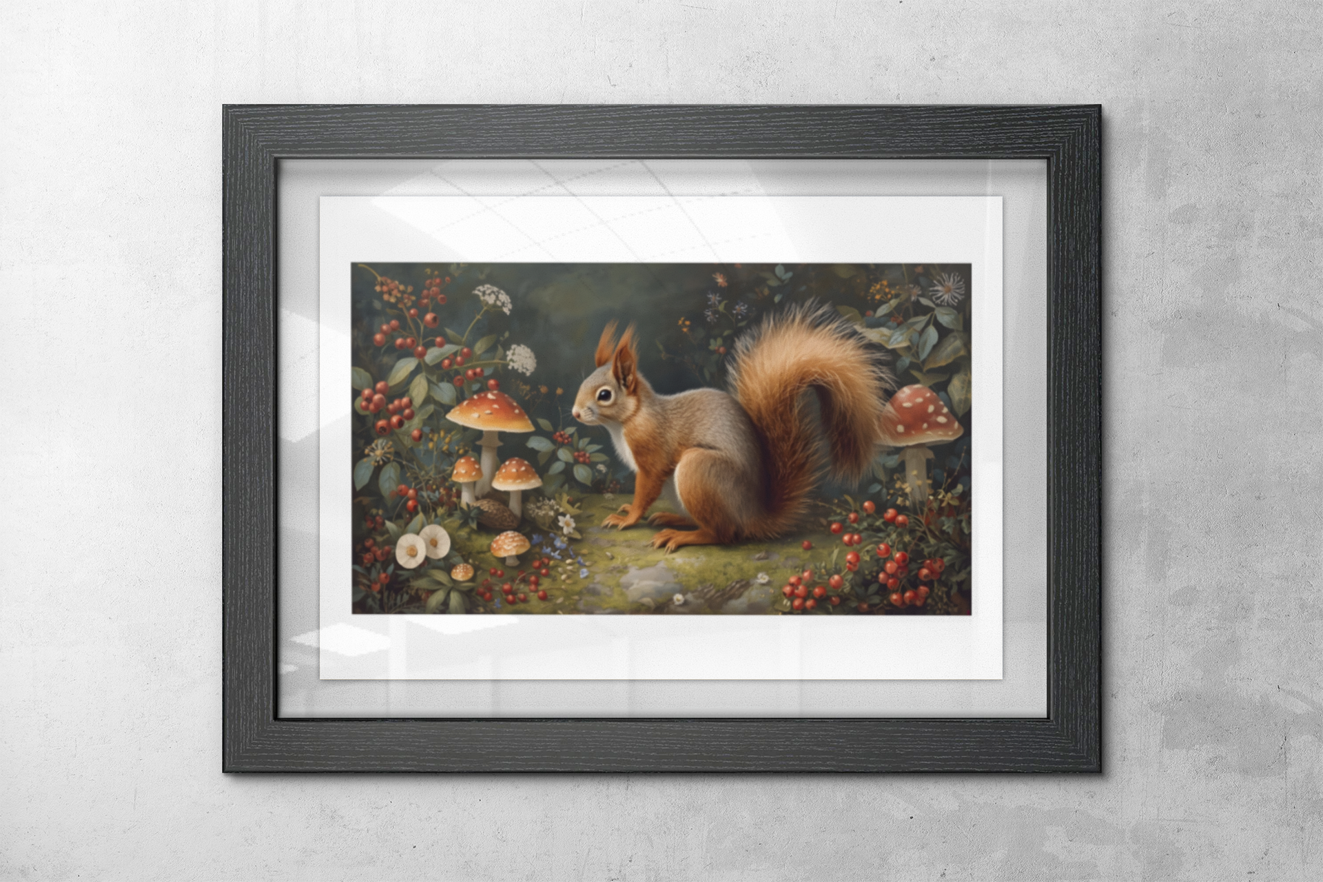 Black frame woodland squirrel art on a white modern shelf