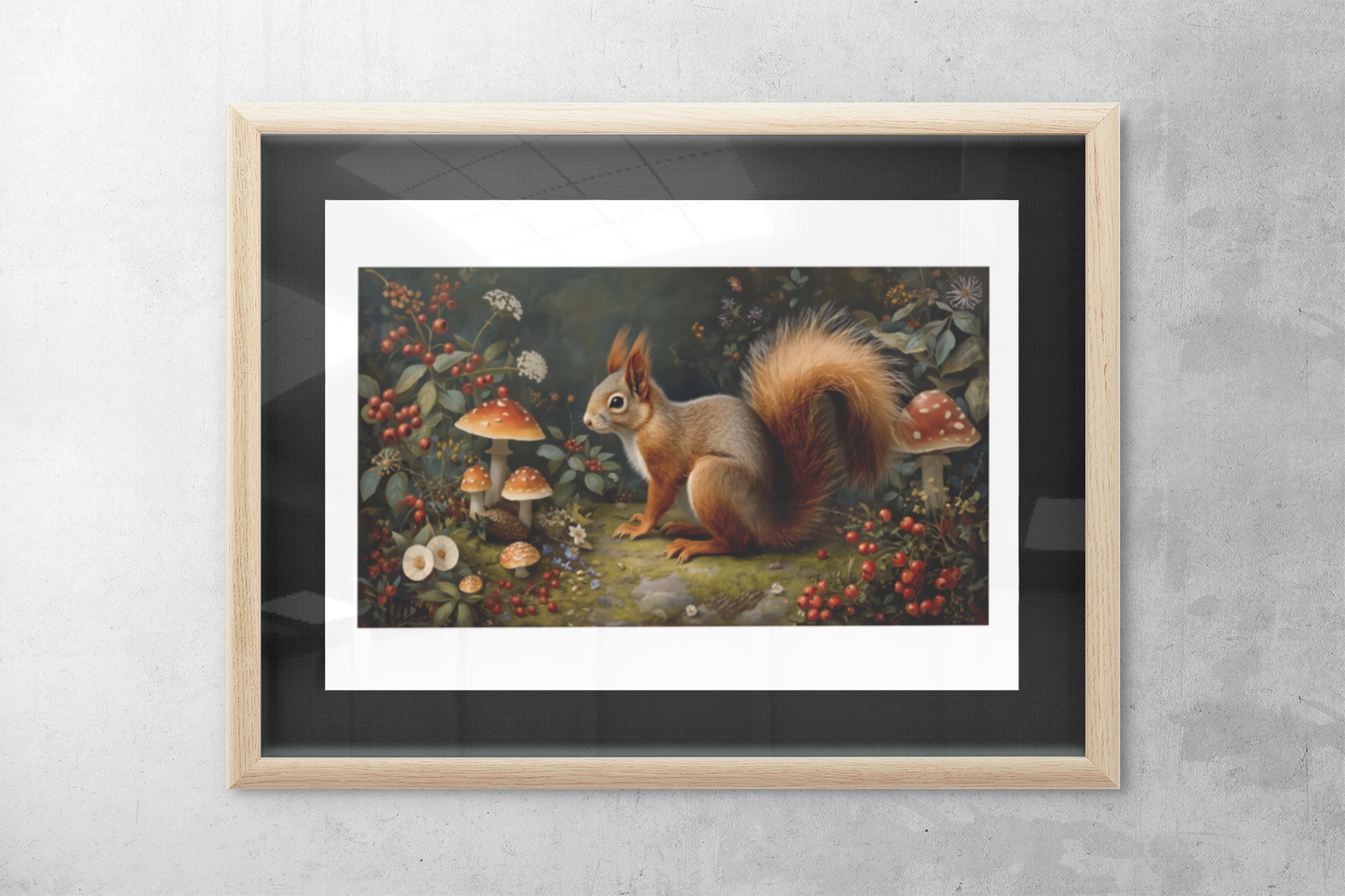 Framed woodland squirrel art print on a grey background