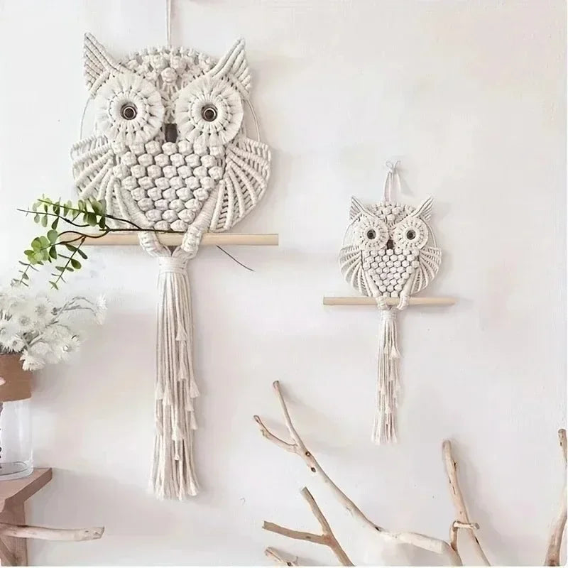 Woven Owl Macrame Wall Hanging – handmade cotton owl decor hanging on wall.