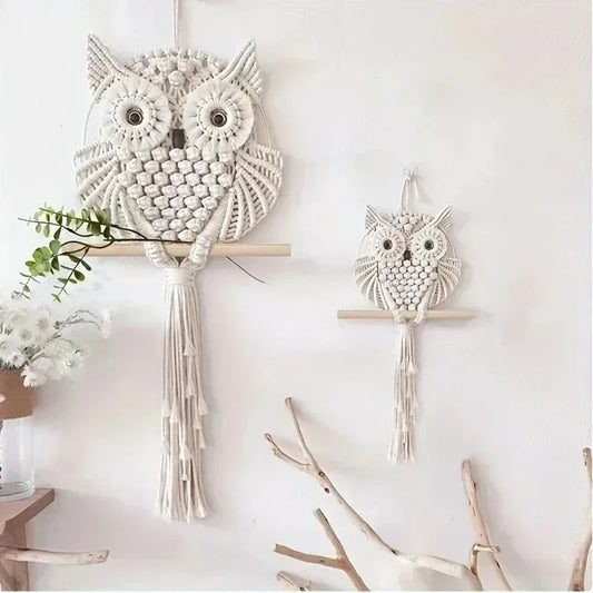 Woven Owl Macrame Wall Hanging – handmade cotton owl decor hanging on wall.