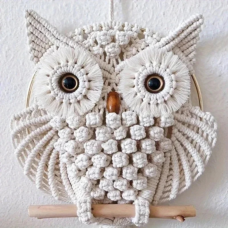 Macrame owl wall hanging on a white background