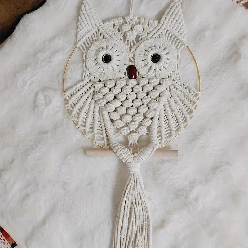 Macrame owl wall hanging on a white surface