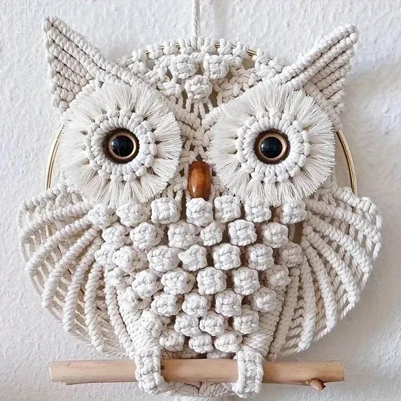 Macrame owl wall hanging on a white background