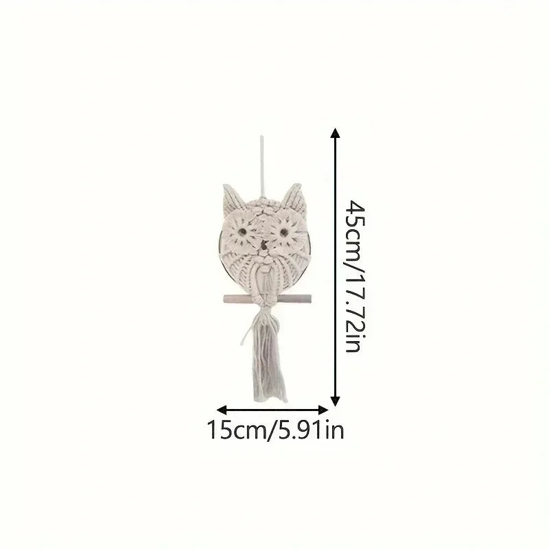 Decorative owl-shaped wall hanging with dimensions on a white background