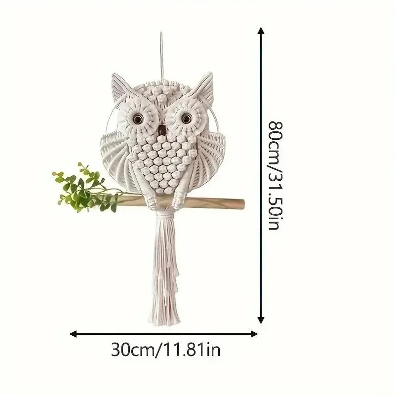 Decorative owl wall hanging with dimensions on a white background